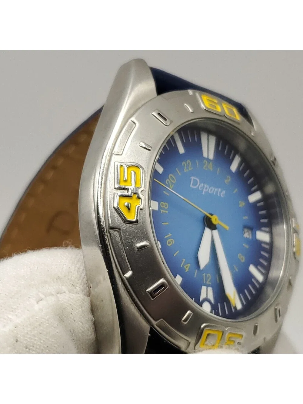 Deporte Mens 42mm Watch New Battery Blue/Yellow Date Dial  Blue Band